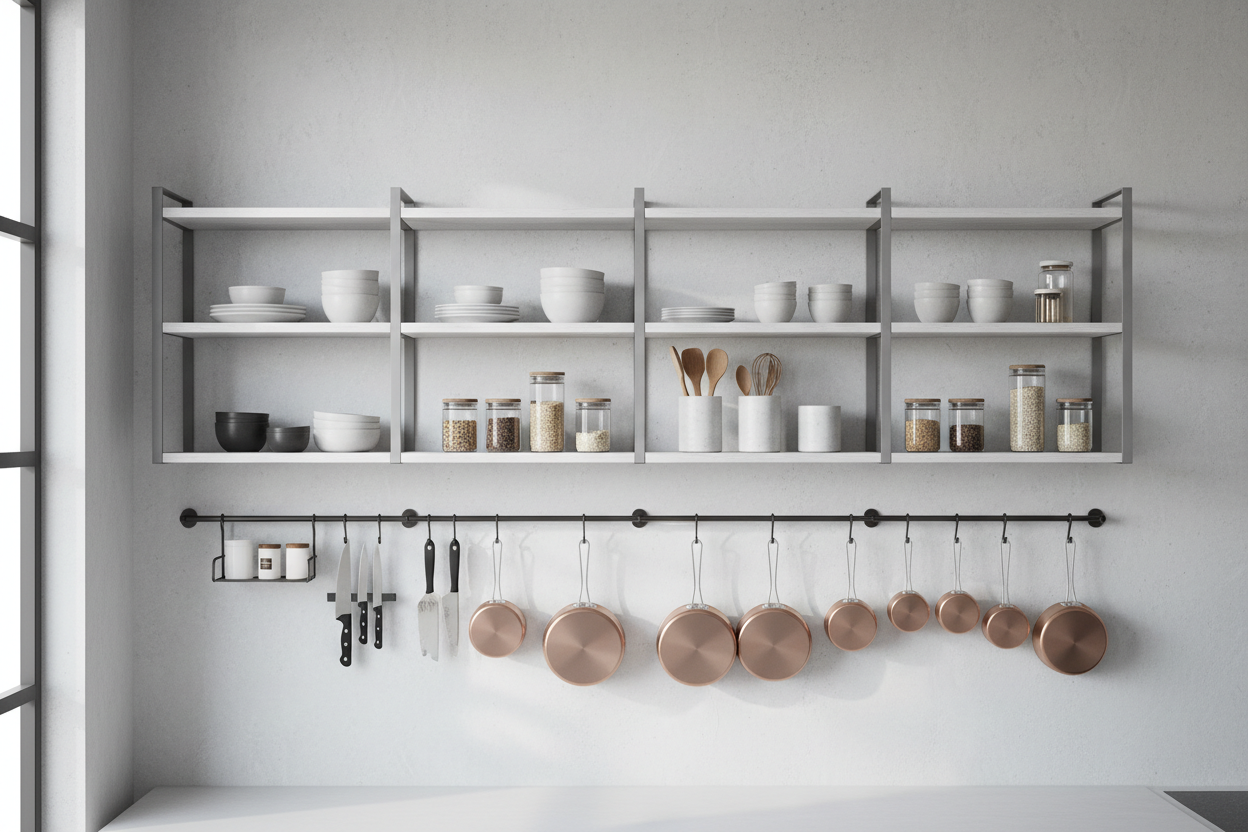 Generate an image with white-gray background with Shelves and kitchen rails